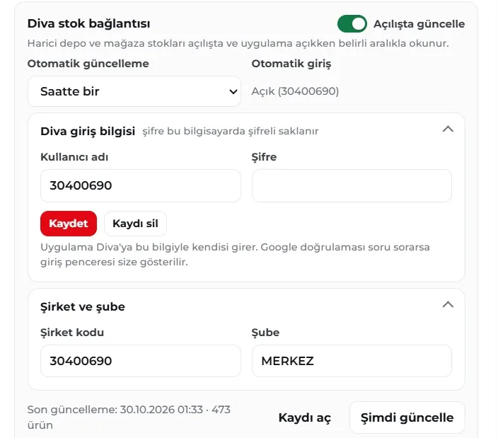 Diva stok bağlantısı ayarları