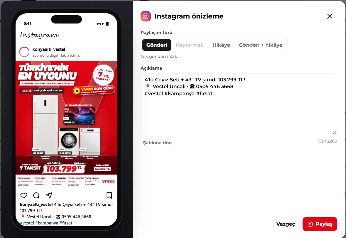 Instagram paylaşım önizlemesi