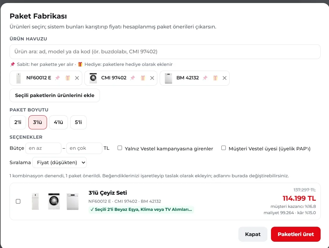Paket Fabrikası: fiyatı hesaplanmış paket önerisi