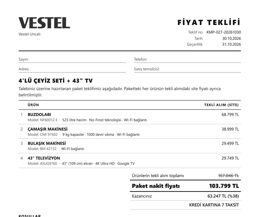 Uygulamanın oluşturduğu PDF fiyat teklifi