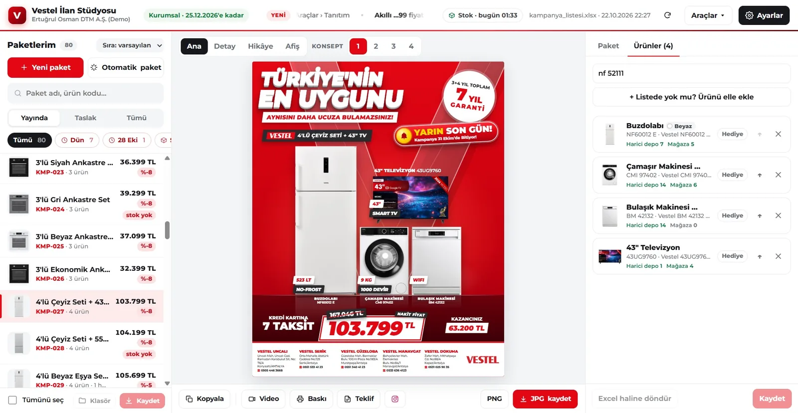 Vestel İlan Stüdyosu ana ekranı: paket listesi, ilan önizlemesi ve ürün stokları