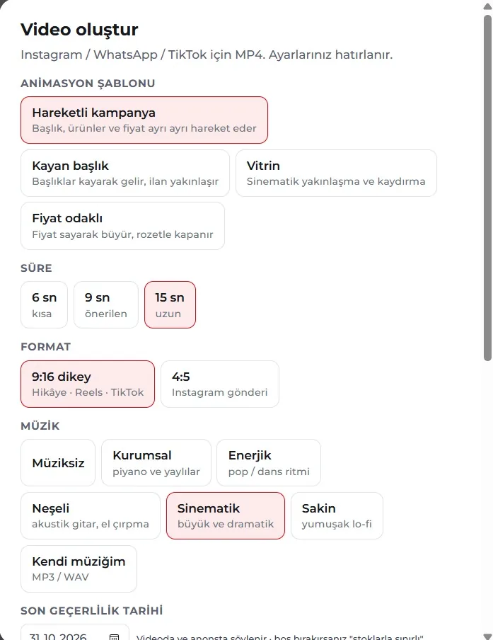 Video oluşturma penceresi
